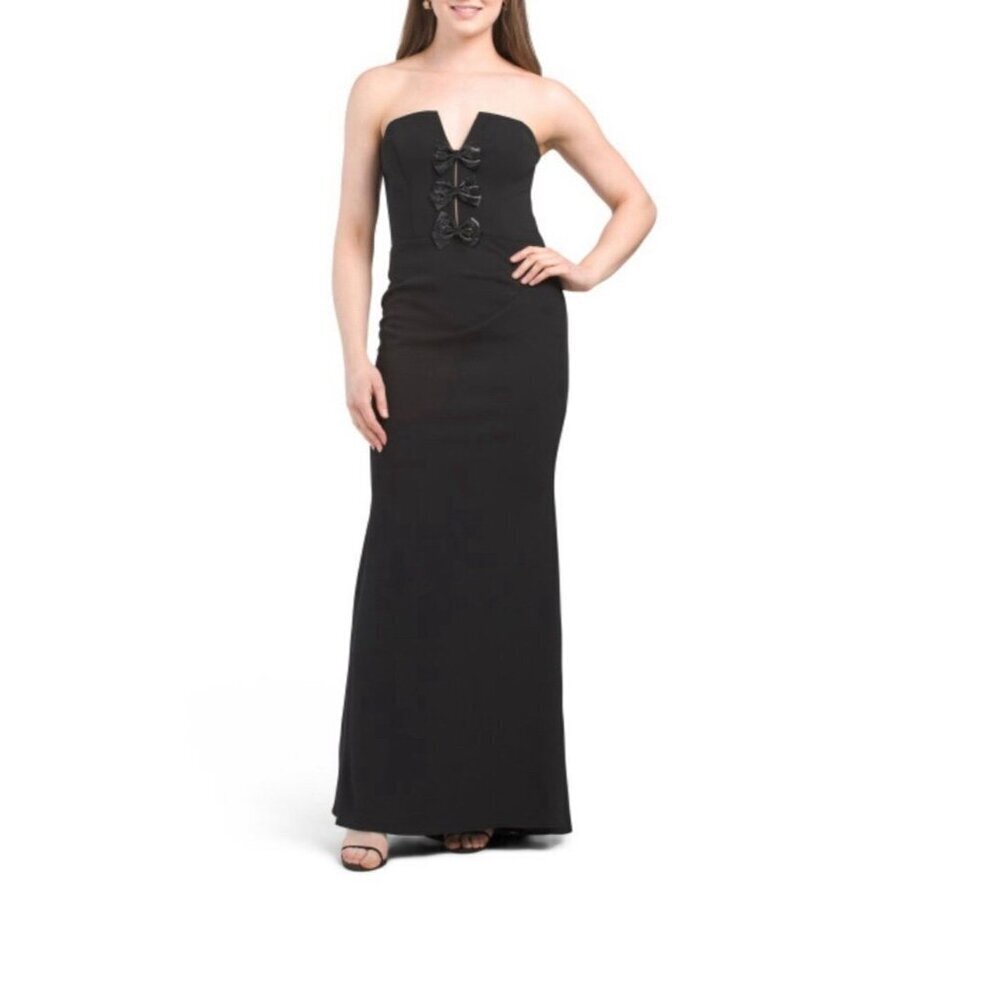 Betsy And Adam Dress Strapless Black Long Bow Details Sz‎ 8 Formal Wedding Guest